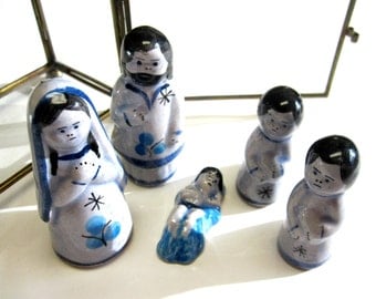 Mexican Nativity Set Jalisco Tonala Blue Ceramic 6 pc. Christmas Decor Holiday Collectible