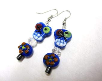 Day Of The Dead Earrings Sugar Skull Blue Lampwork