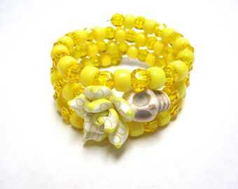 Day Of The Dead Bracelet Sugar Skull Wrap Yellow White Rose
