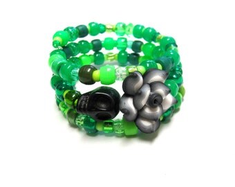 Fruit Slices Kiwi Green Day of the Dead Bracelet Sugar Skull Wrap Bracelet Black