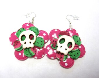 Sugar Skull Earrings Hot Pink Green White Watermelon Day Of The Dead