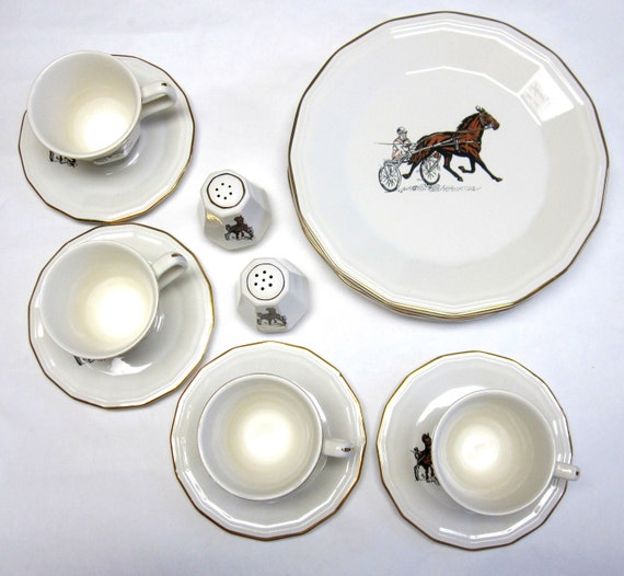 Dinnerware Set White Harness Racing Horse Equistrian Set For