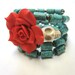 Rockabilly Classic Day of the Dead Bracelet Sugar Skull Wrap Cuff Turquoise Blue Red Rose White