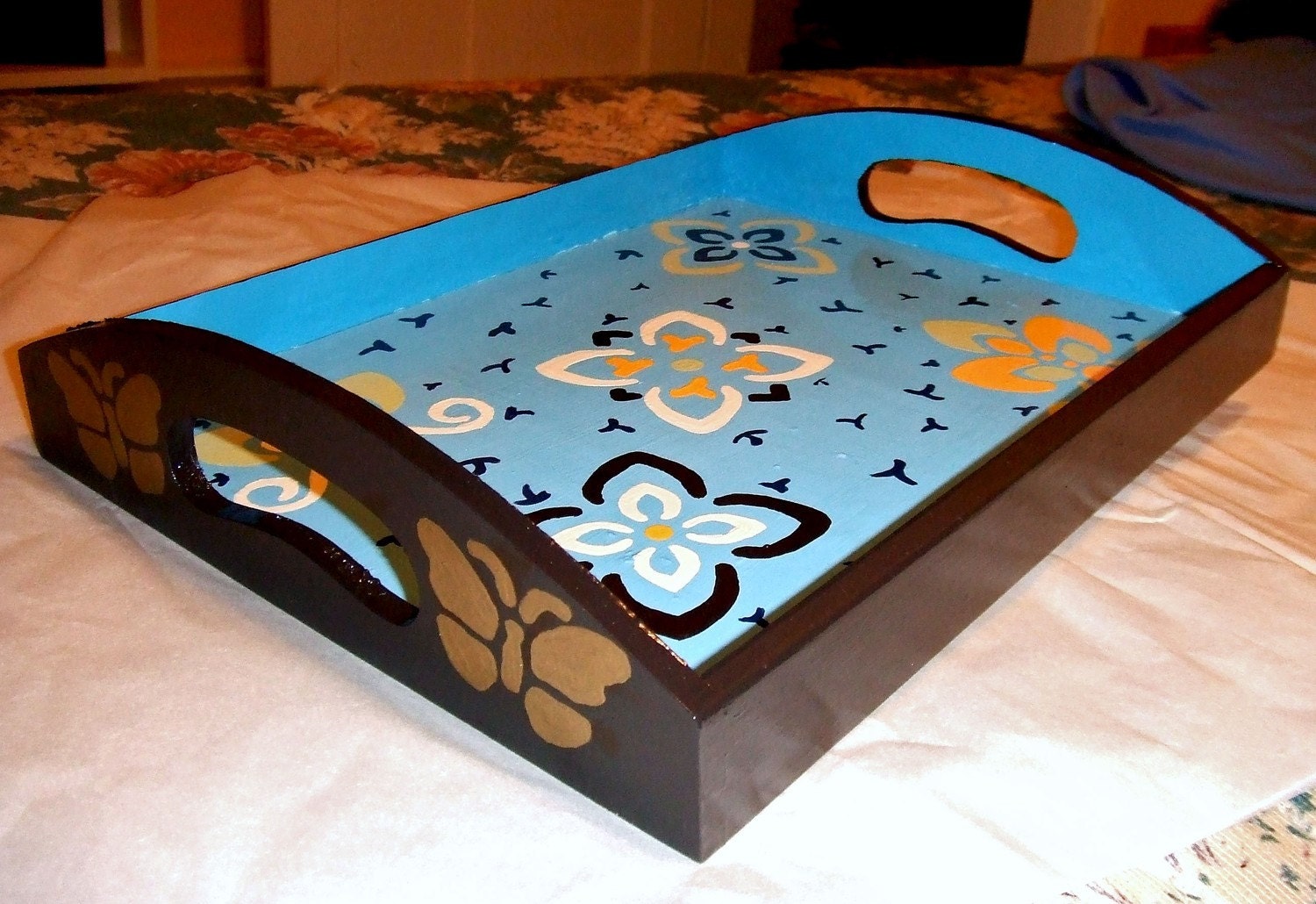 Large Wooden Serving Tray Hand Painted Black and Blue