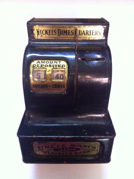 Black & gold old vintage metal tin piggy bank money counter