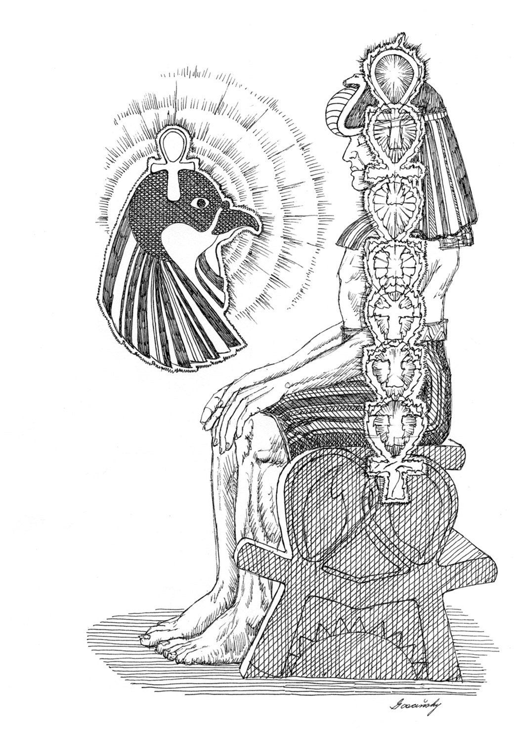 EGYPTIAN DRAWING Horus and Seven Ankh Degree