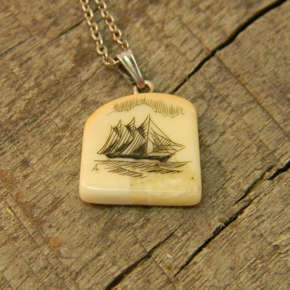 Vintage Walrus Tusk Scrimshaw Pendant
