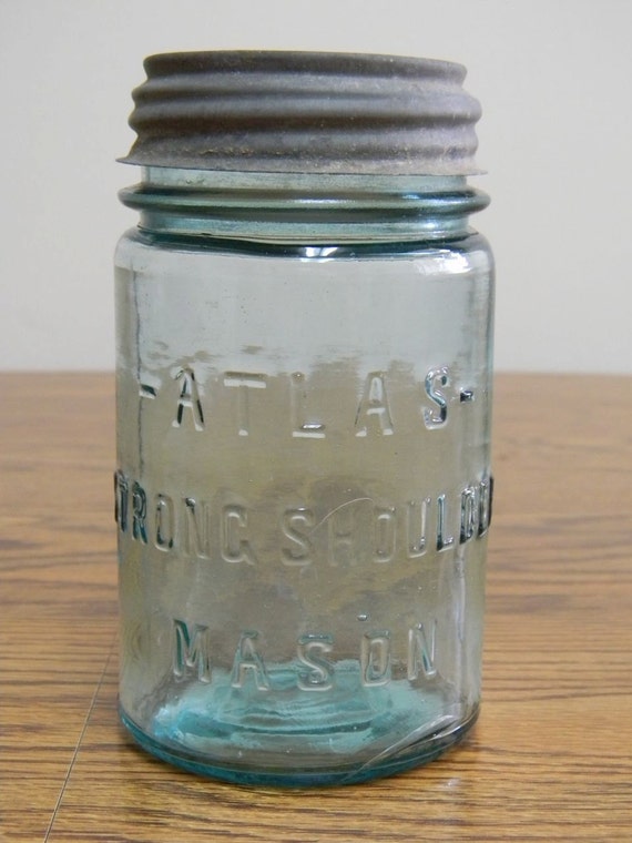 Vintage Blue Atlas Strong Shoulder Mason Jar with Zinc by msjarmer