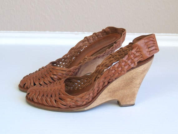 auth Michael Kors woven honey leather WOOD WEDGES gypsy 9