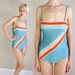 vtg 70s turquoise ORANGE STRIPED SWIMSUIT retro S pinup bombshell bathing suit