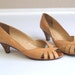 vtg 70s Honey Leather PEEP TOE cut out HEELS sandals 6 hippie gypsy boho pumps shoes