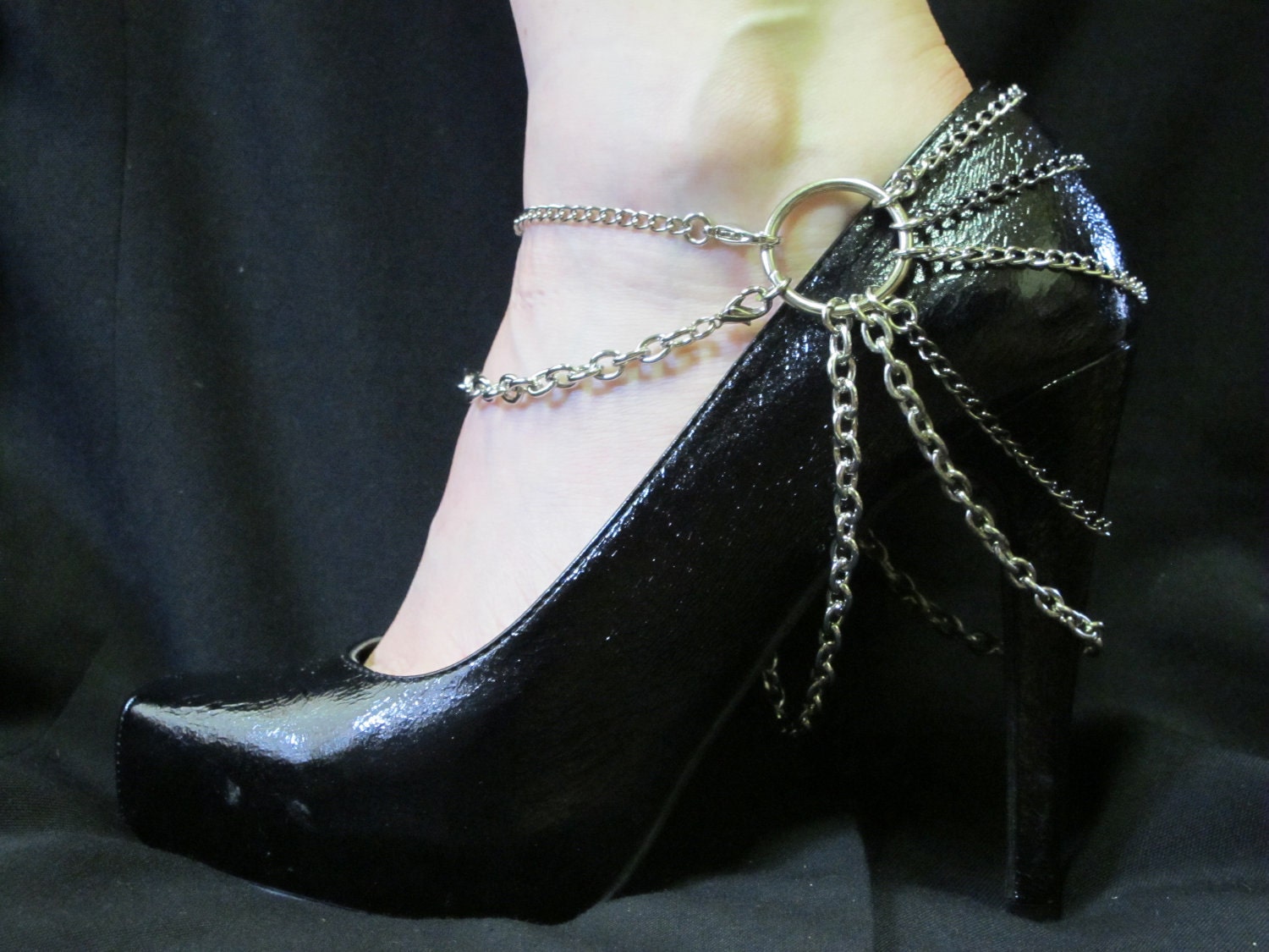 Silver and black tone mixed chain shoe/ankle harness/jewellery