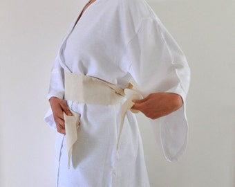 White Cotton Bathrobe Wearable Turkish Bath Towel Peshtemal Kimono Robe Eco Friendly Obi Belt Caftan Pure Elegant Angelic Minimalist