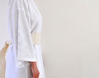 Handmade Eco Friendly White Cotton Silver Striped Kimono Robe - Wearable Turkish Bath Towel / Peshtemal Caftan Exclusive Shiny Glittery