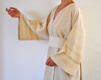 Kimono Robe Bath Robe Peshtemal Robe Cream Cotton Golden Striped Eco Friendly Gifts Peshtemal Caftan with Obi Belt
