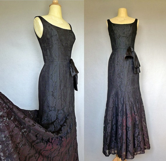 60s cocktail dress / black lace fishtail by bitterrootvintage