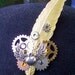 Steampunk Hat Pin or Brooch (HA20) - Gold Plated Brass Feather - Silver Winged Heart - Gears - Swarovski Crystals