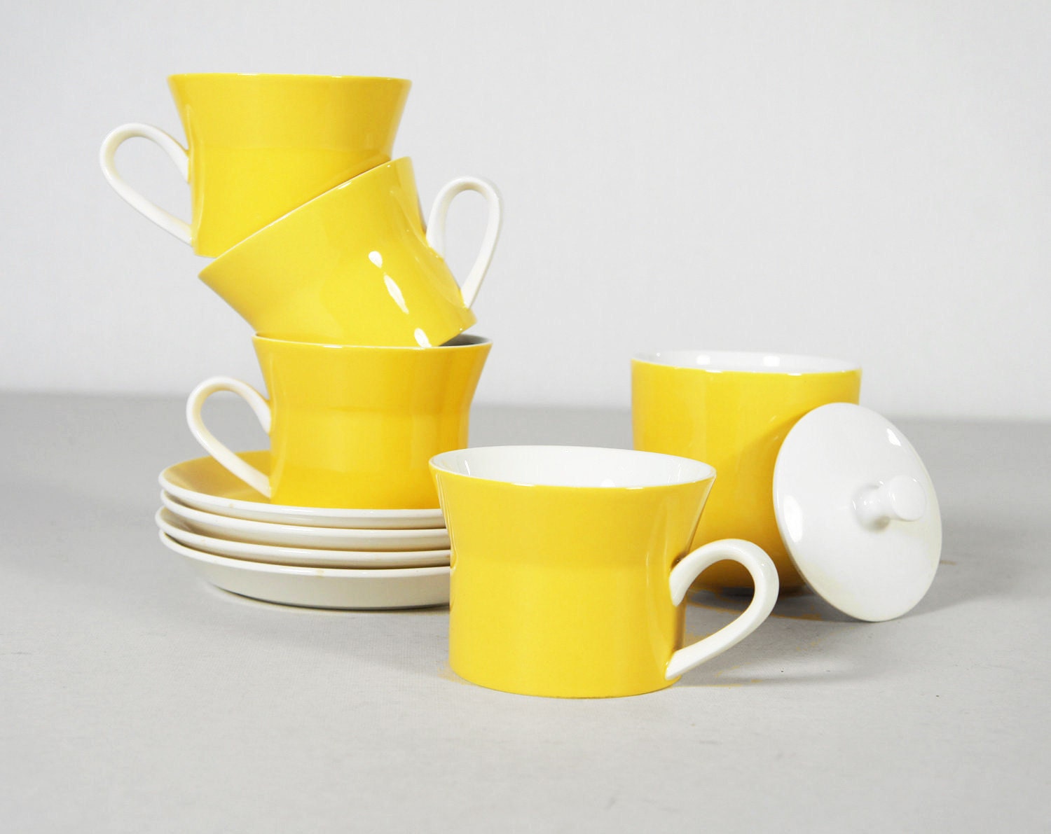 Vintage 1970's Yellow Tea Cup and Saucer Set w/ Sugar Bowl