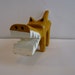 Aztec Mayan Primitive Wood Carving Sculpture of a War Dog, Abstract Yellow with Big Teeth