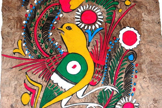 folk art painting - vintage bark painting - vibrant - exotic -tropical bird - pink flowers - yellow bird