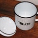 vintage enamelware cannister - mug - TREATS - planter - treat container - cannister - cup - black - white - planter
