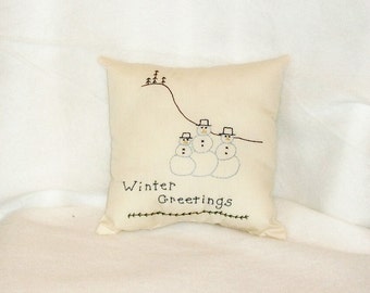 Pillow Snowmen, Stitchery Pillow, Winter Decor, Christmas Pillow, Original Design, Hand Embroidered, Cottage Chic, Snowman Decor, Seasonal