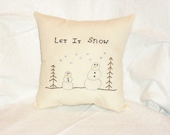 Snowmen Pillow, Stitchery Pillow, Cushion, Christmas Pillow, Winter Decor, Hand Embroidered, Holiday Decor, Cottage Chic, Original Design