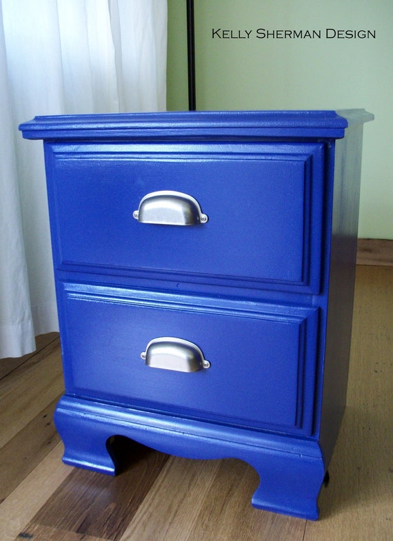 Vintage Nightstand or Side Table Ecofriendly Cobalt Blue Paint