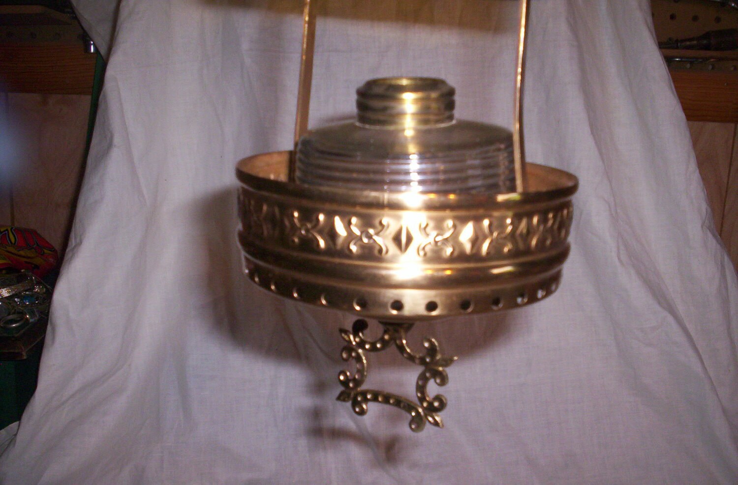 vintage hanging oil lamp light pulley system brass amber glass