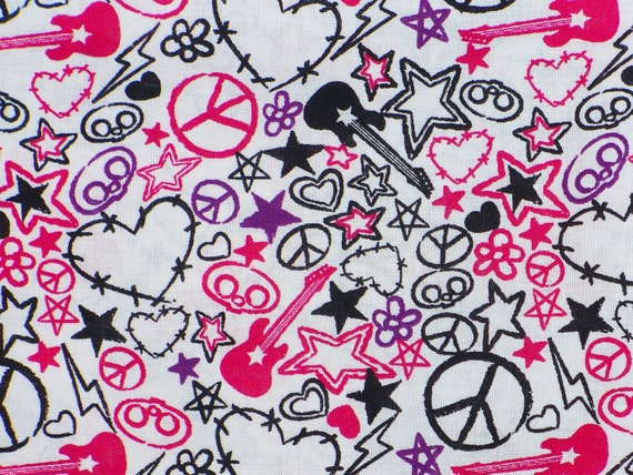 ... / Skelanimals Skulls Fabric / Guitars, Peace Signs and Hearts Fabric