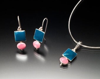 AKA sorority pink and green sterling silver geometric drop earring and pendant set