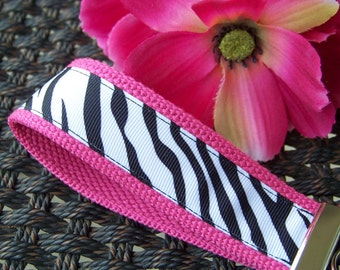 Wristlet Key Fob Key Chain - Black and White Zebra Print on Hot Pink