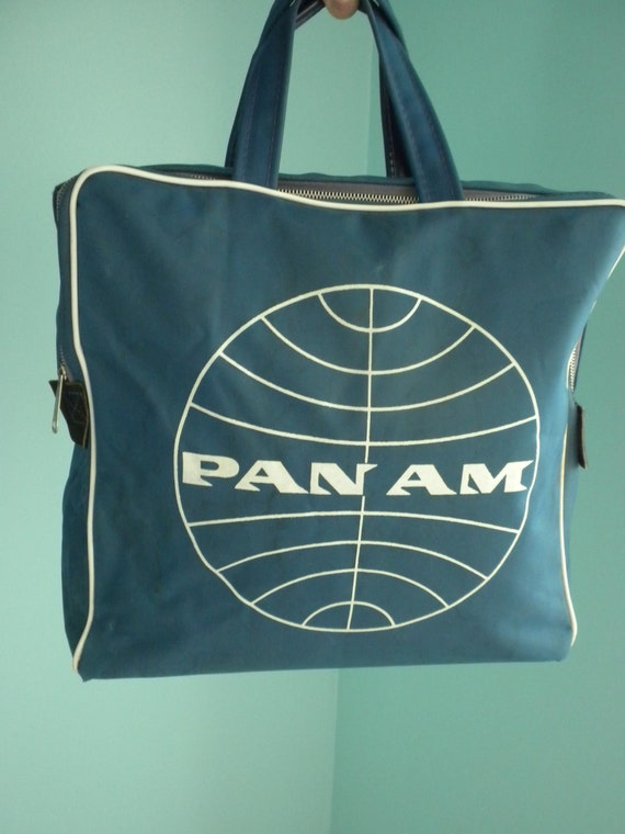 60s Pan Am Bag / Blue Nylon / Zip Tote Bag / Travel Bag