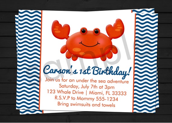 Crab Preppy Birthday Invitation Digital File YOU-PRINT Il_570xn