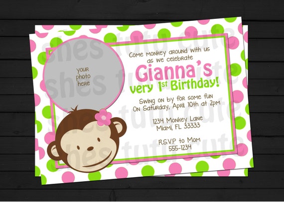 Mod Monkey Girl Birthday Invitation Digital File YOU-PRINT Il_570xn
