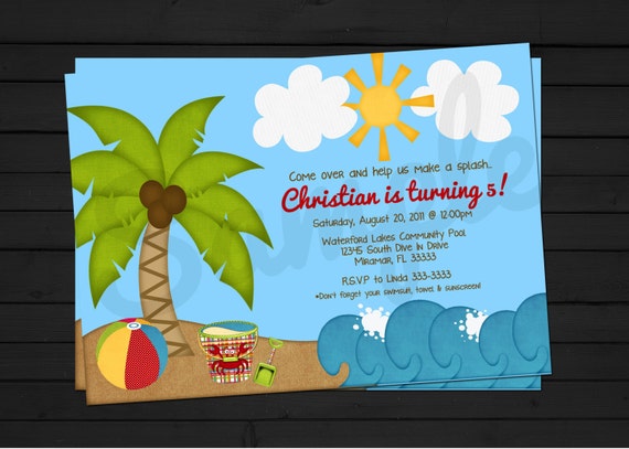 Beach Party Themed Birthday Invitation Digital File YOU PRINT Il_570xn