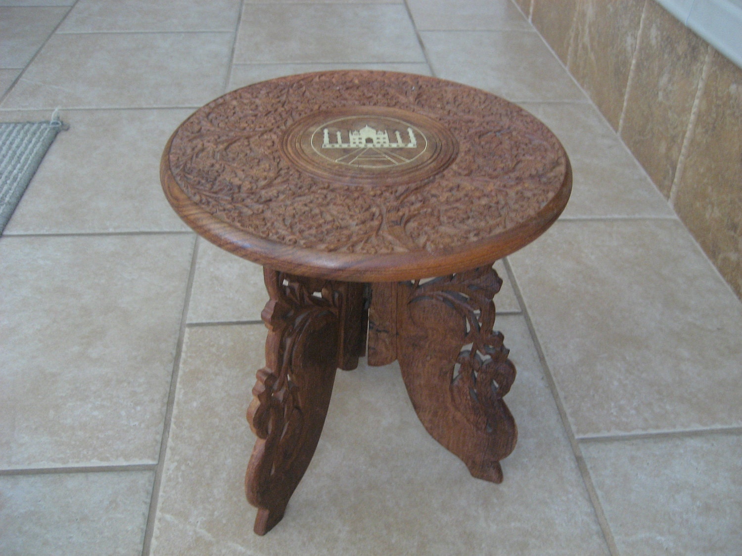 Vintage Carved Wood Indian Table With Inlaid by GrandmasJunknStuff