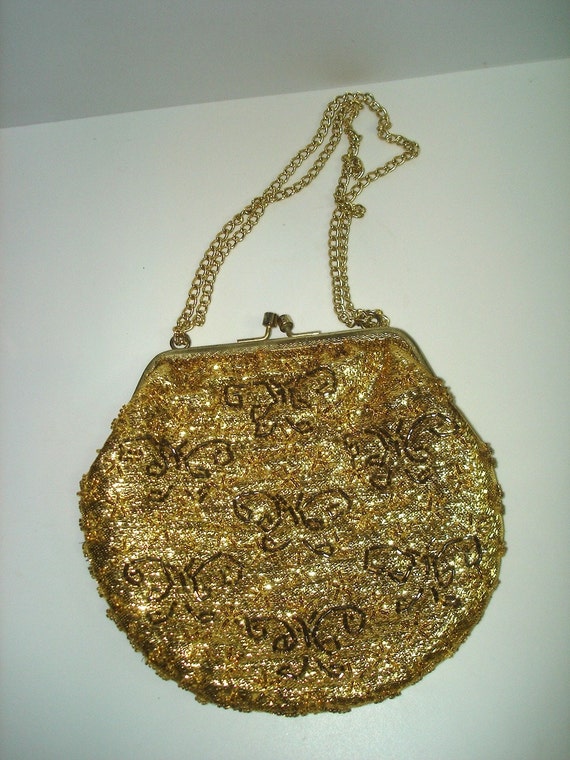 Vintage Hong Kong Beaded Gold Lame Purse Pocketbook