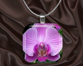 Pink Orchid Glass tile Pendant with chain(CuFl25.2)