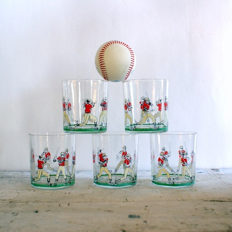Vintage Baseball Highball Drinking Glass Set