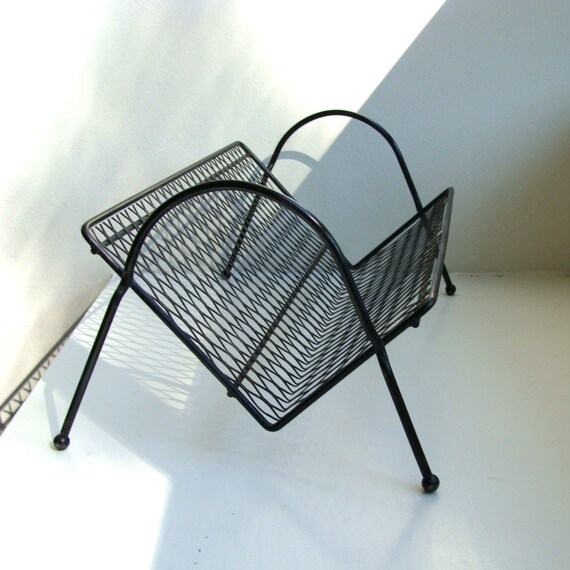 Mid Century Black Metal Wire Mesh Rack Book Shelf Tabletop