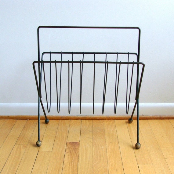 Mid Century Black Metal Wire Magazine Rack Ball Feet