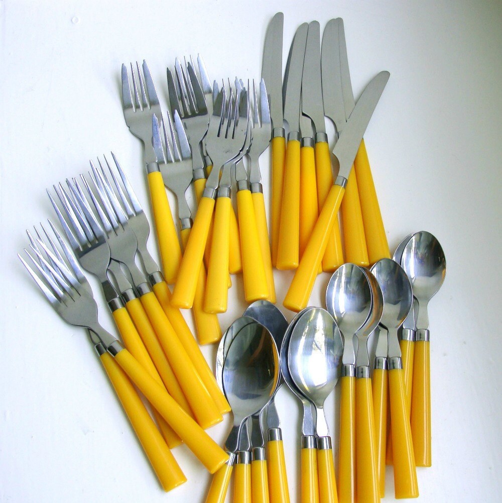 Mod Flatware Set Butterscotch Yellow Stainless MidCentury