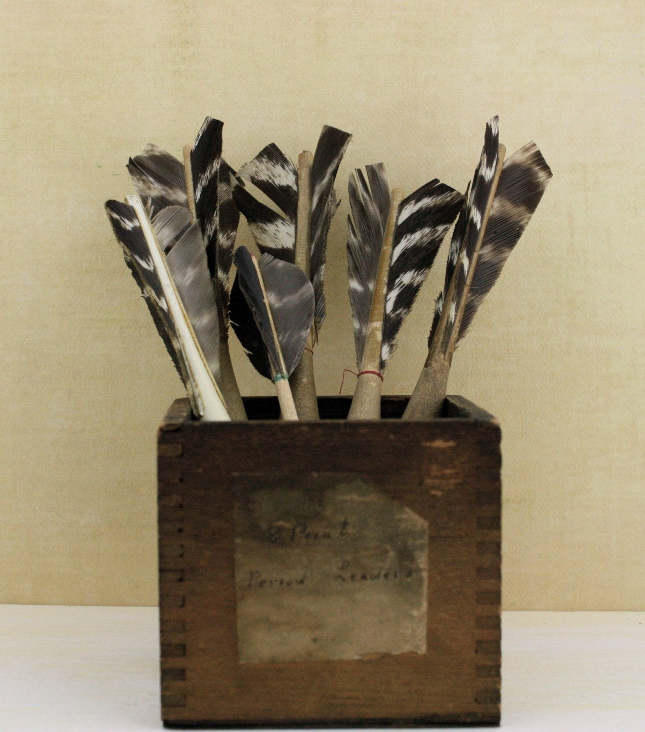 Set of six vintage wooden darts with feathers apex