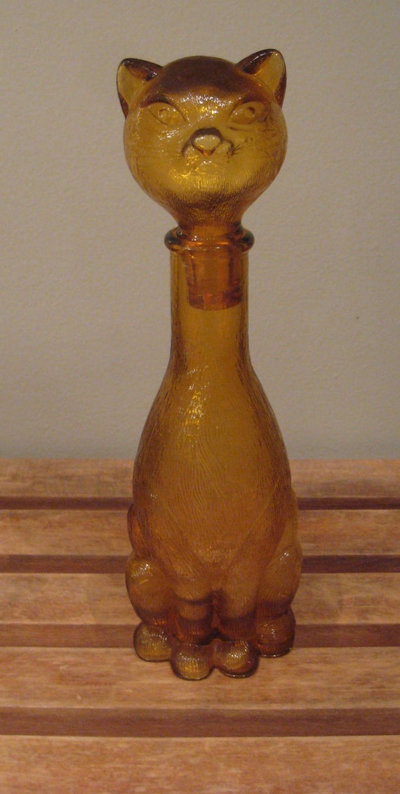 Amber Cat Bottle Vintage Decanter