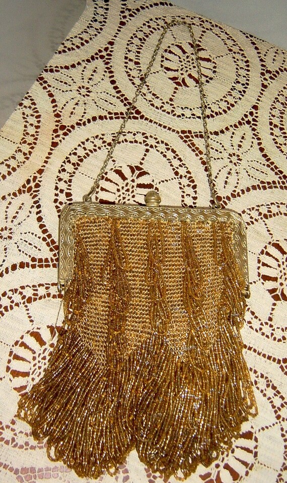 Antique 1800s Victorian Gold Beaded Purse Boudoir Bag