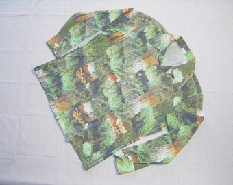 vintage 70's -Montgomery Ward- Men's disco era Picture mosaic shirt. 'New Old Stock'. Trees and Industrial Revolution landscapes. Large