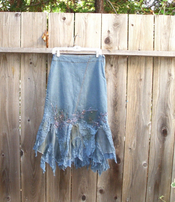 Shabby Chic Funky Tattered Distressed Denim Lace skirt/ Eco