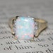 Estate Vintage Emerald Cut Snow Opal and Brilliant Diamond 10k Yellow Gold Cocktail Ring