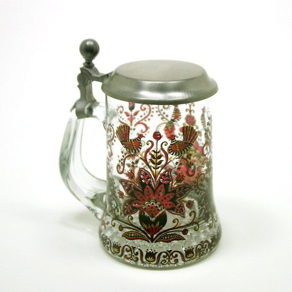Glass Stein with Pewter Lid Painted Floral and Bird